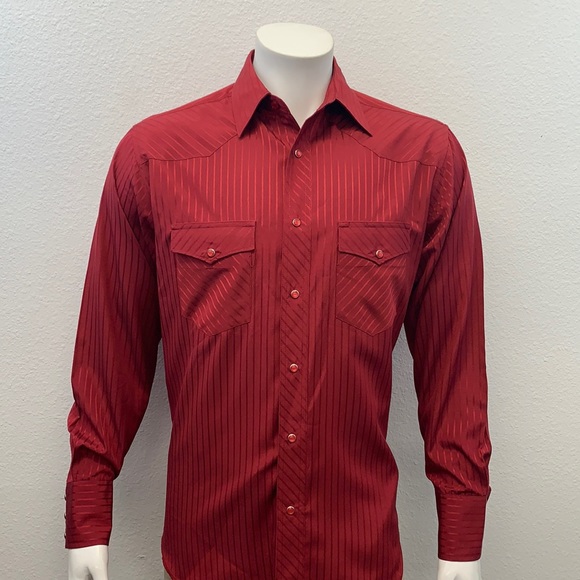 Wrangler Western Cowboy Rodeo Red Dress Shirt w/ Red-Silver Pearl Snaps MD EUC